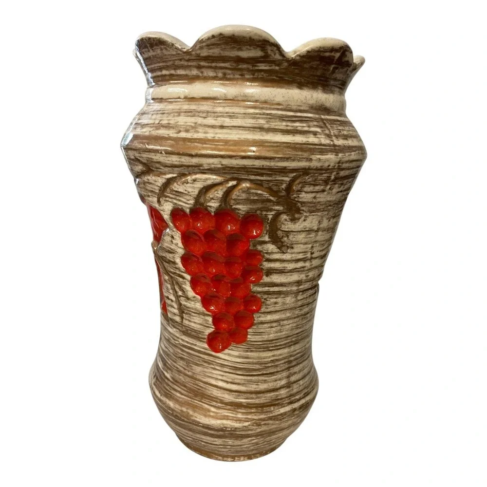 Vintage California Pottery Brown Textured Vase Red Grape & Leaf Motif Scalloped